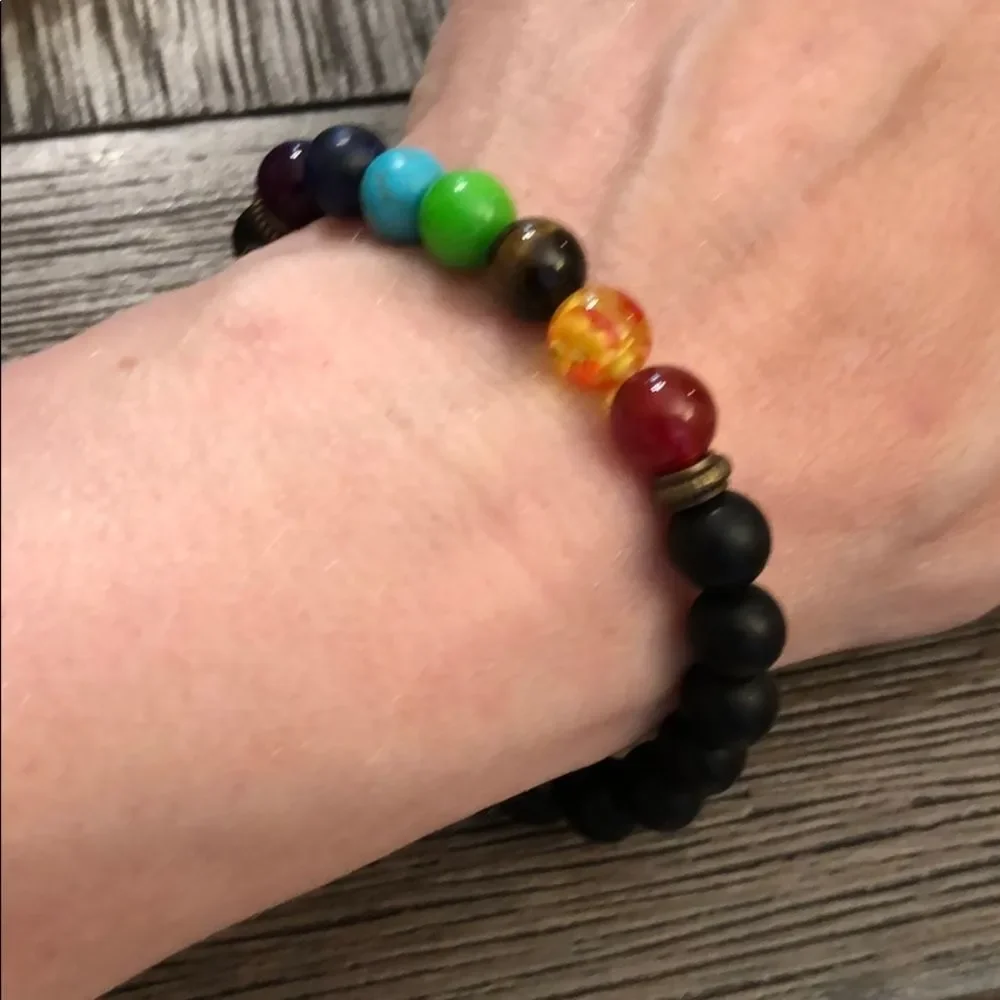 Chakra & Black Bead Rainbow Stretch Bracelet